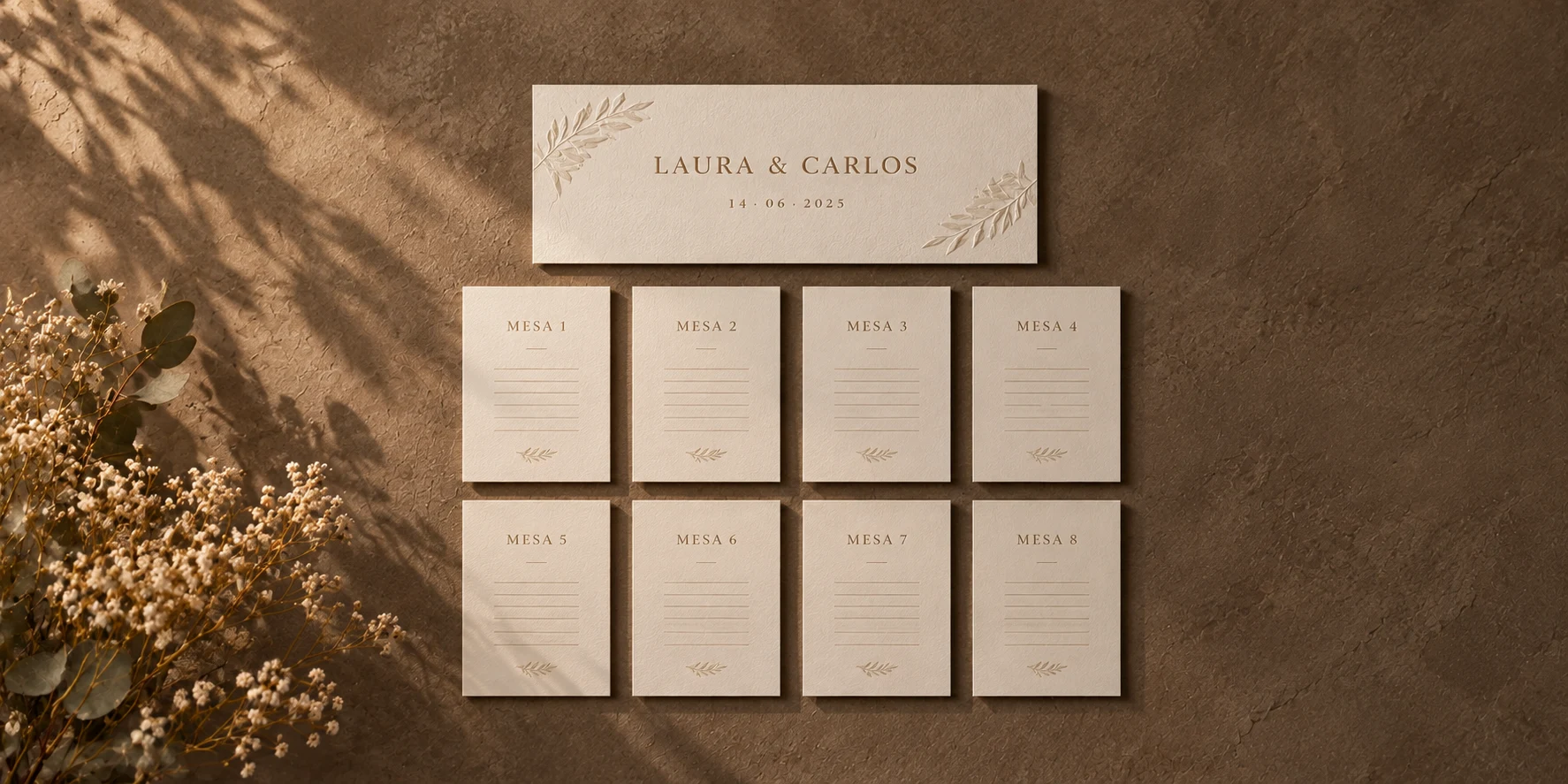 Sitting plan de la boda de Laura y Carlos sobre una pared marrón