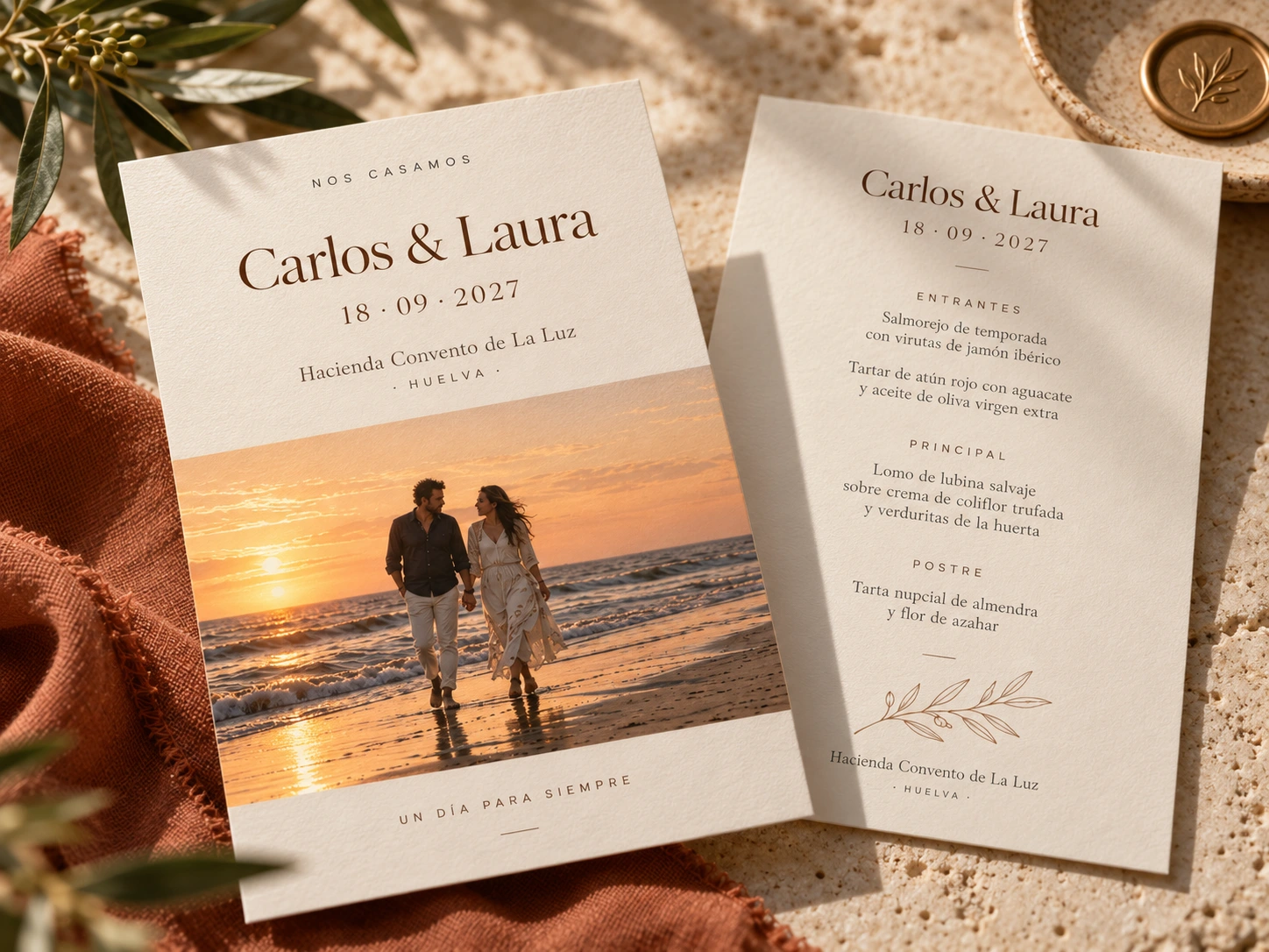 Anverso y reverso de la invitación de Carlos y Laura, con fecha 18 de septiembre de 2027