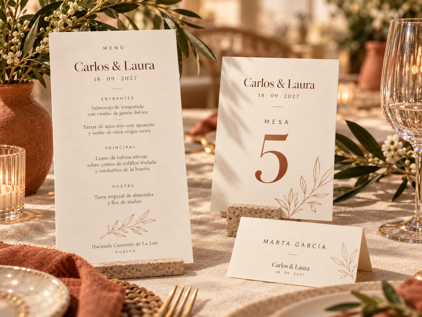 Minuta, número de mesa y tarjeta de invitada con el diseño coordinado de Carlos y Laura