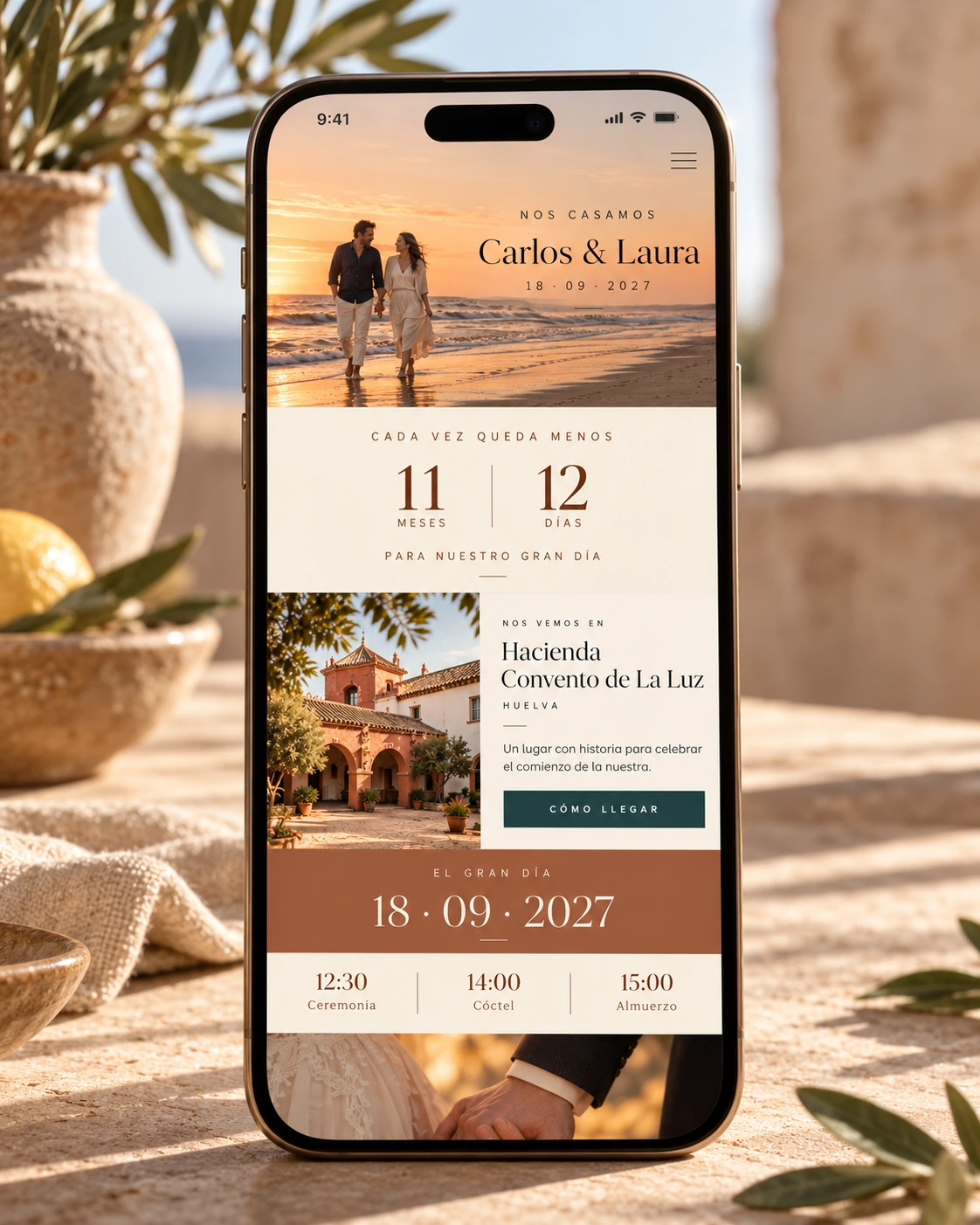 Presentación de la web de Carlos y Laura en un móvil, con cuenta atrás e información de la hacienda