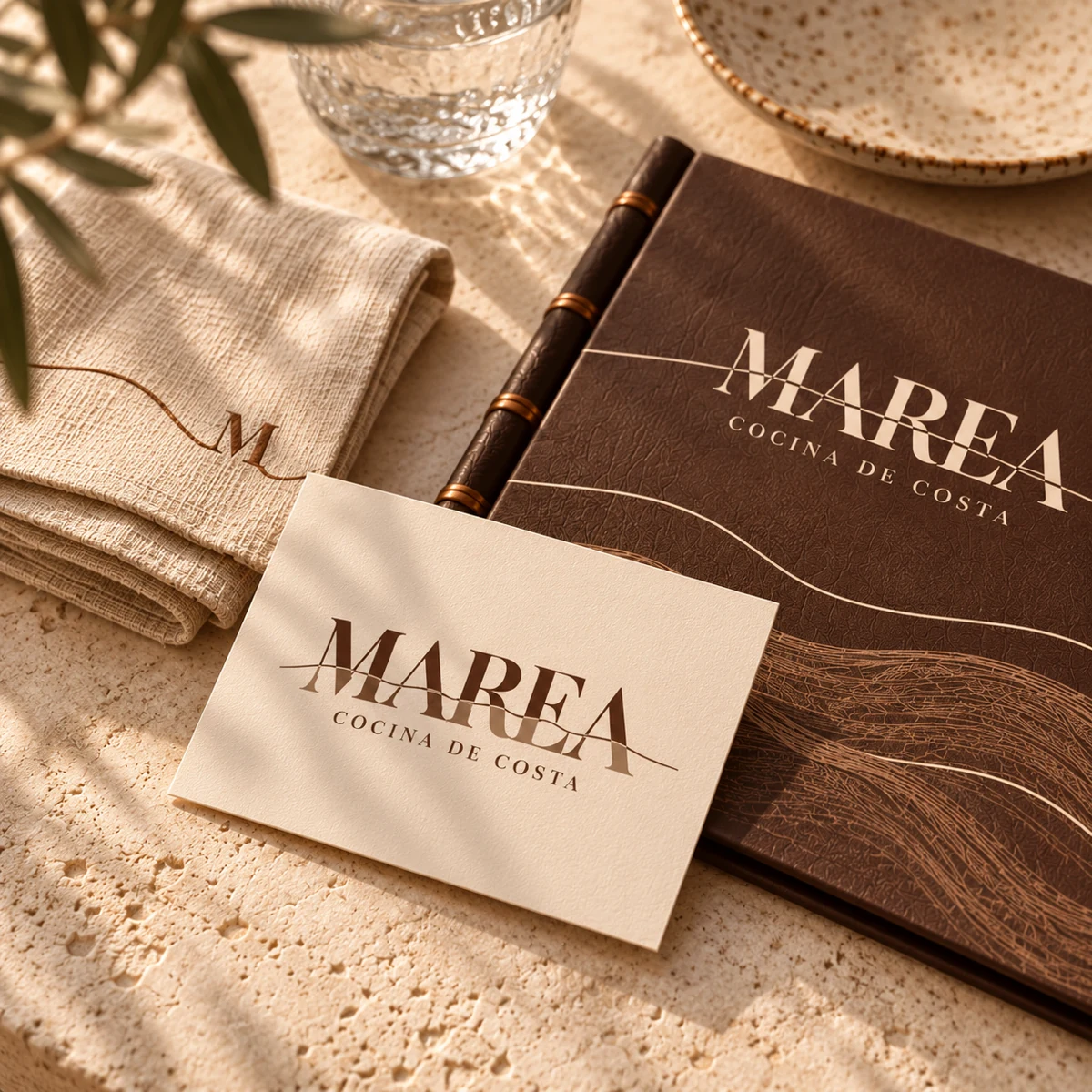 Papelería MAREA con el logotipo sobre tarjetas y carta