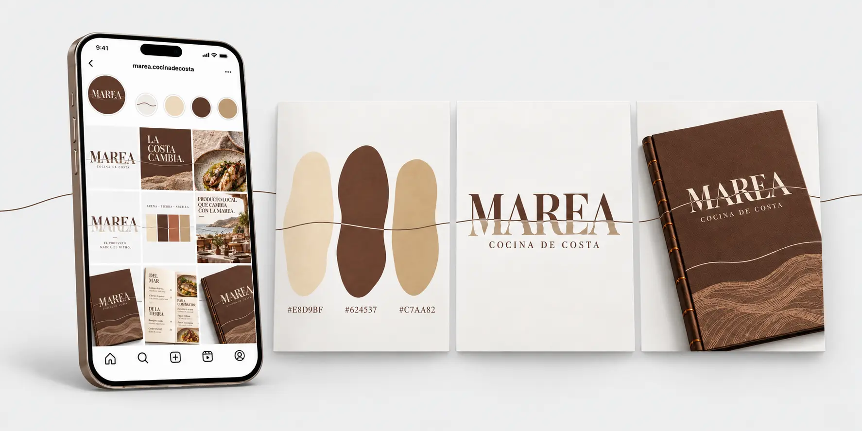 Identidad MAREA aplicada a una pantalla móvil y piezas digitales