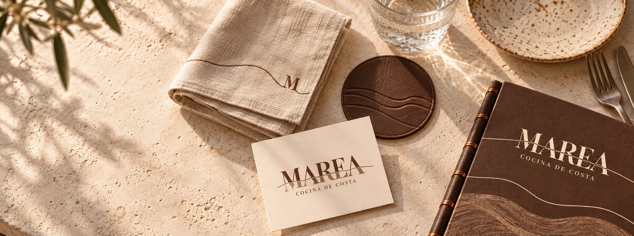 Papelería y carta MAREA dispuestas sobre una mesa
