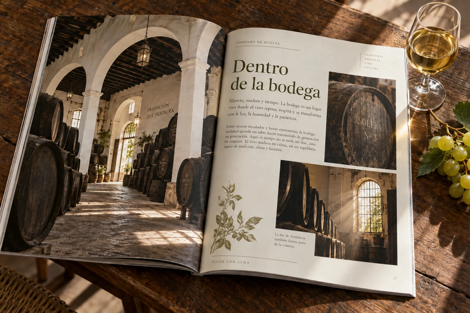 Doble página de la revista sobre el interior de una bodega