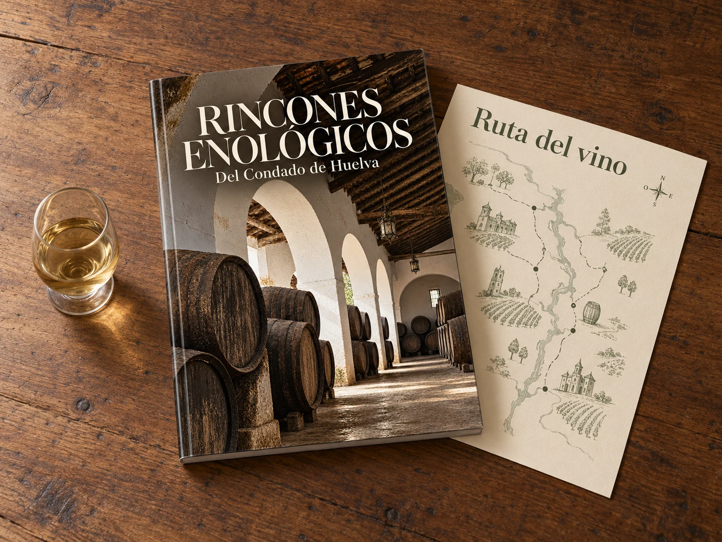 Revista Rincones Enológicos cerrada sobre una mesa, junto a un catavino y una lámina de la ruta del vino