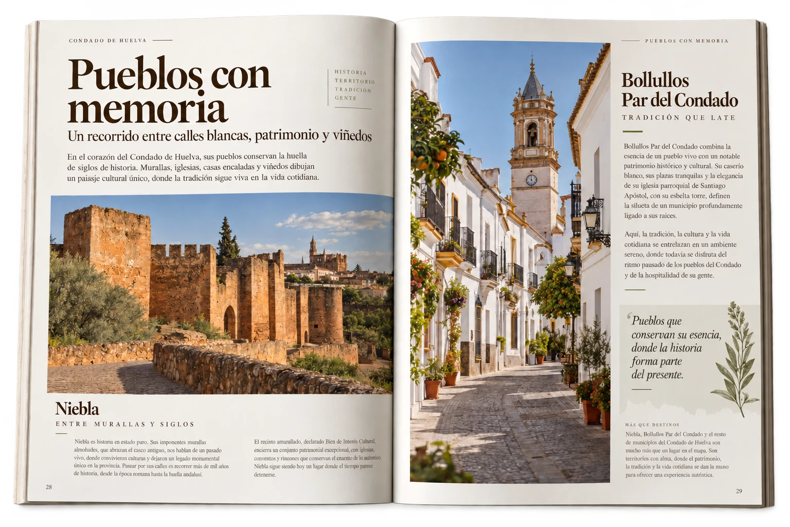 Doble página Pueblos con memoria, con imágenes de Niebla y Bollullos Par del Condado