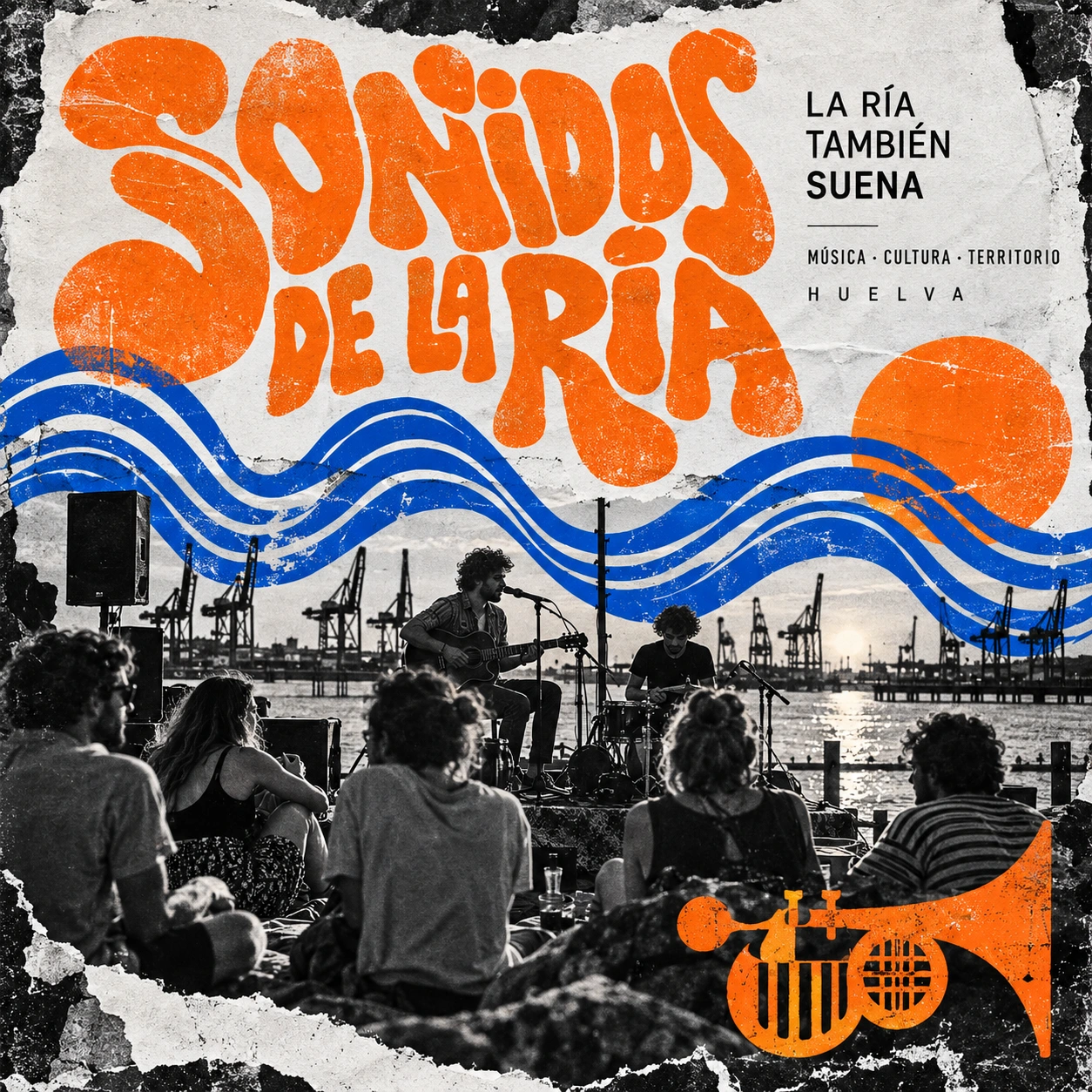 Publicación para redes con ondas azules, logotipo naranja y comunidad junto a la ría