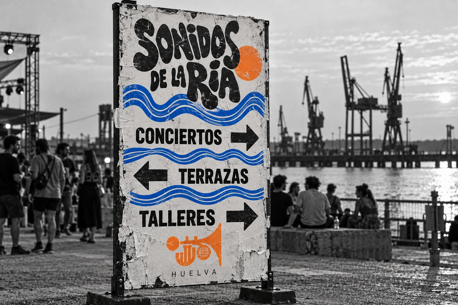 Señalética de conciertos, terrazas y talleres junto al puerto de Huelva