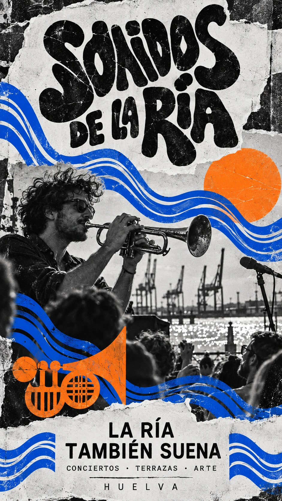 Story vertical de Sonidos de la Ría con fotografía de un músico en blanco y negro