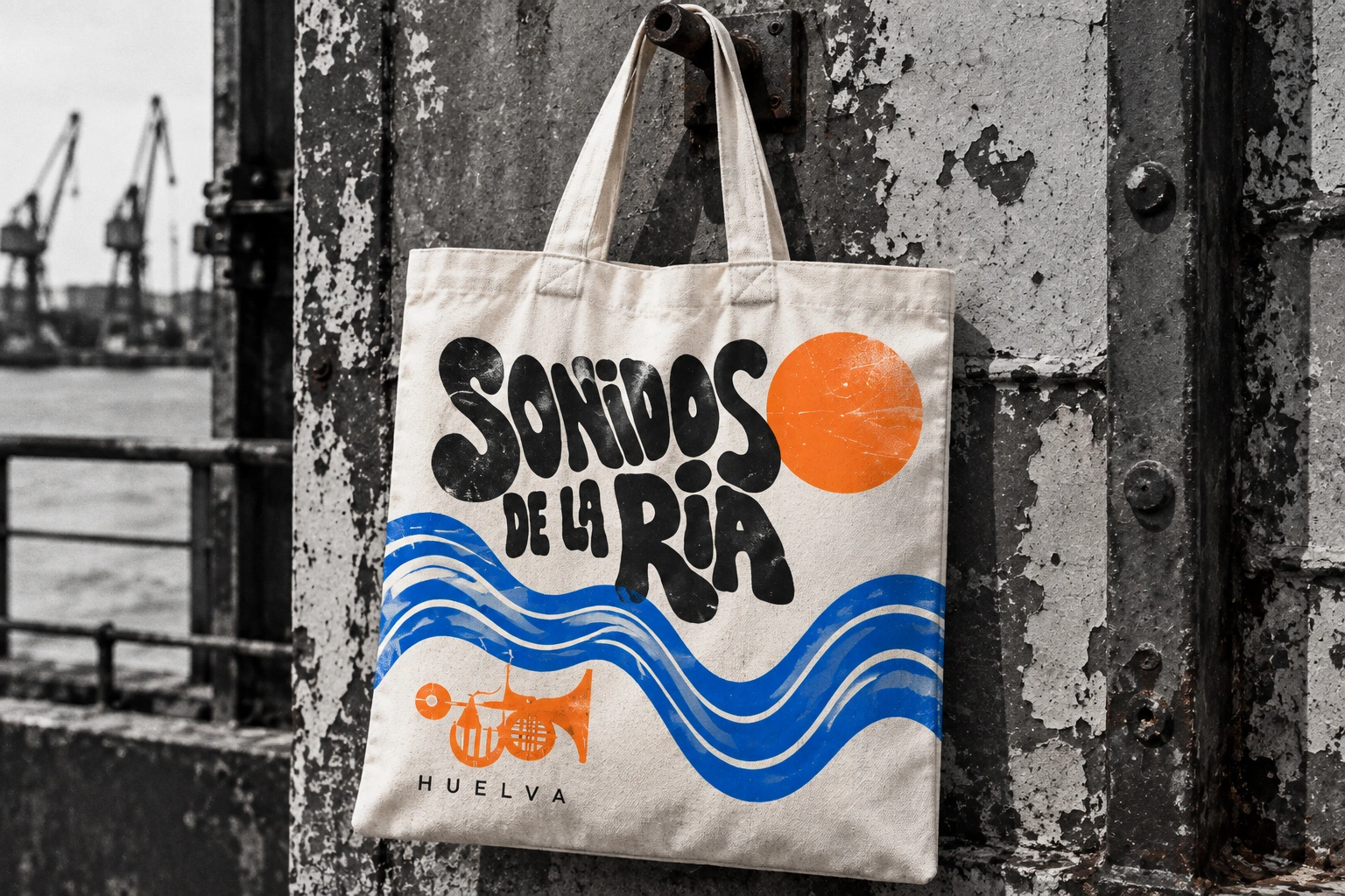 Tote de algodón con logotipo, ondas azules e isotipo naranja