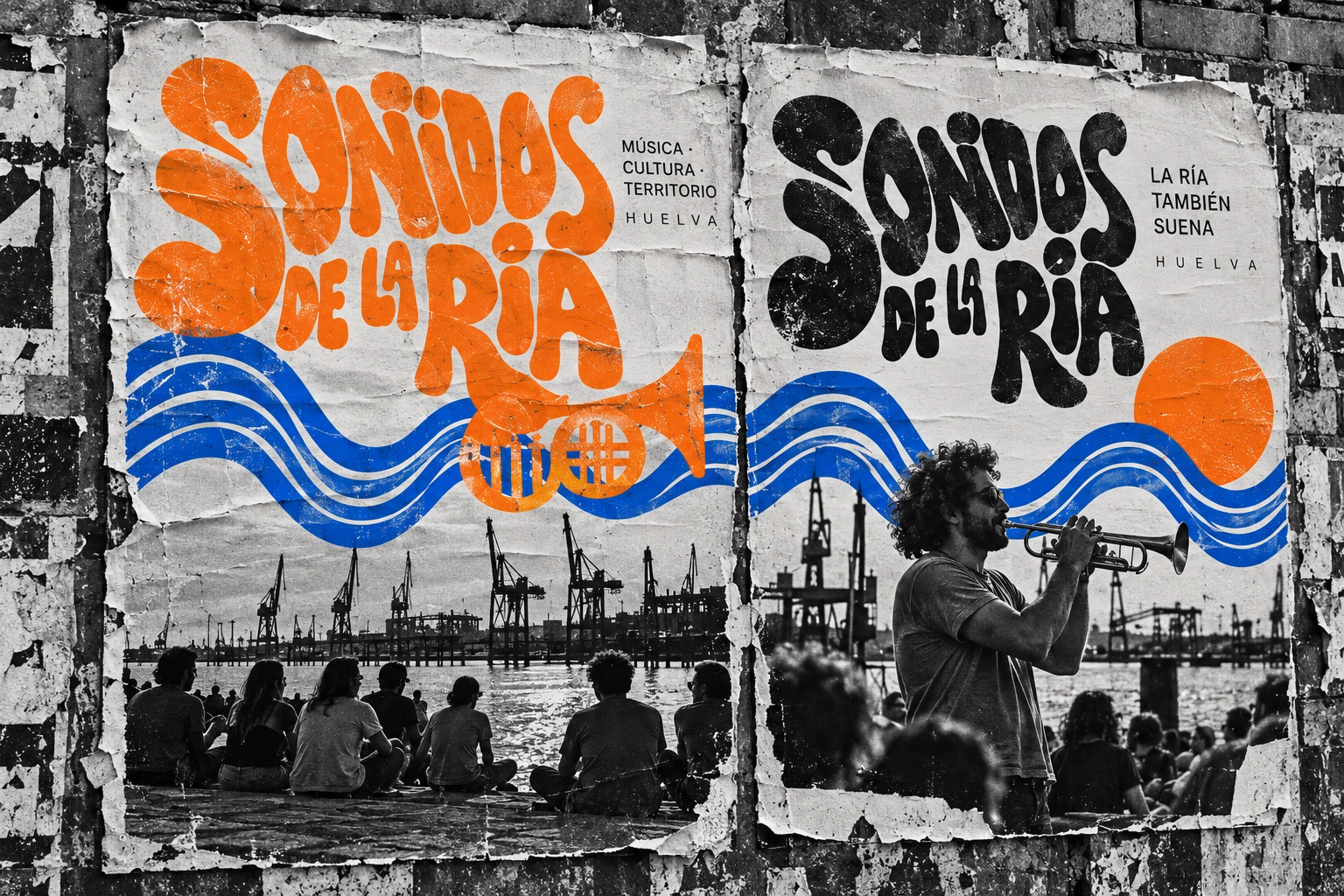 Cartelería urbana de Sonidos de la Ría con ondas azules y naranja