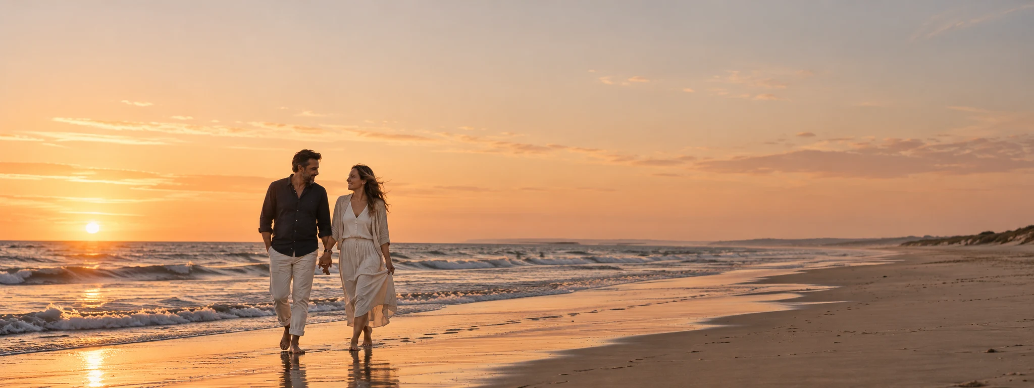 Carlos y Laura paseando juntos por la playa al atardecer
